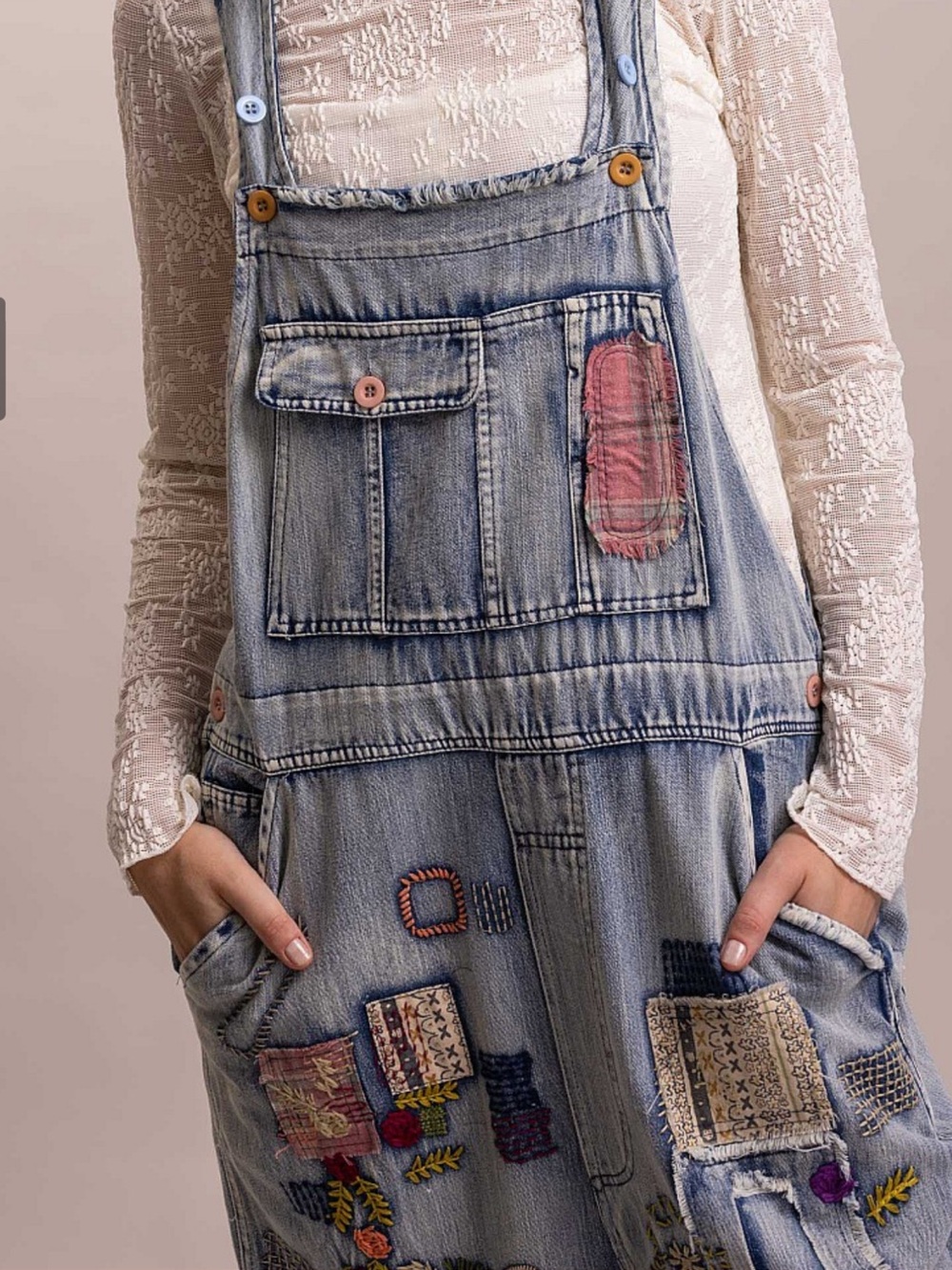Wash Denim Patchwork Women's Wide-Leg Jeans Overalls - Picture 8 of 13